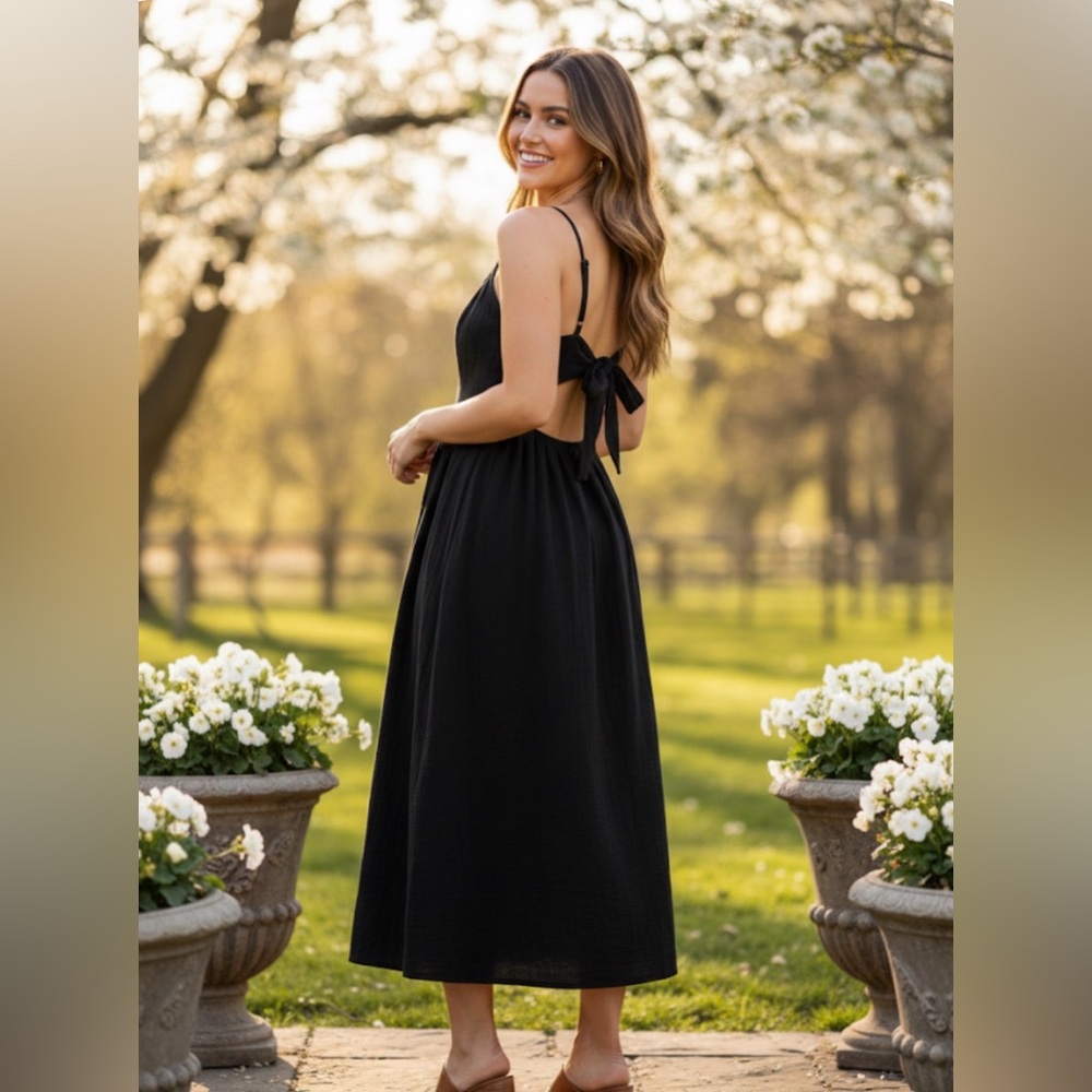Universal Thread Black Cotton Midi Dress - Tie Back & Cutout - Size Medium - Picture 1 of 6